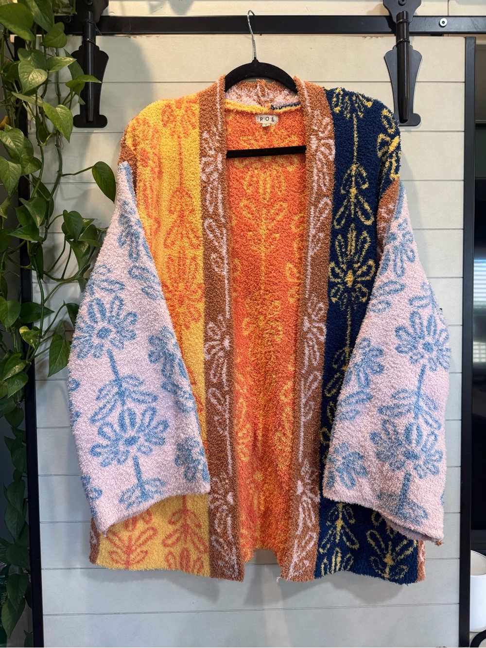 POL Patchwork Floral Knit Open Front Cardigan in Orange, Navy, Pink and Tan